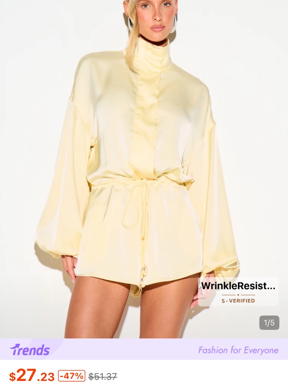 SHEIN Pale Yellow High-Neck Satin Drawstring Romper